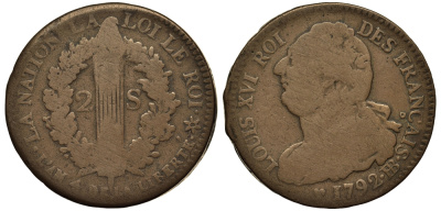 ФРАНЦИЯ 2 СОЛЯ 1792 ВВ, ЛЮДОВИК XVI KM 603.4 бронза 1524-1221