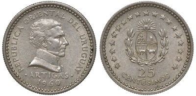 Уругвай 25 сентесимо 1960 KM 40 медно-никель 4169-952
