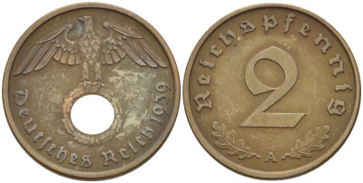 ГЕРМАНИЯ 2 РЕЙХСПФЕННИГА 1939 A KM 90, J. 362 бронза 261-1021
