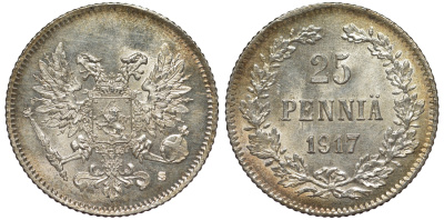 Россия для Финляндии 25 пенни 1917 S, временное правительство, без короны KM 19, Биткин 2 серебро 75-1461