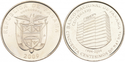 Панама 50 сентесимо 2009 100 лет Национальному банку KM 139 медь плакированная медно-никелем UNC M21-19