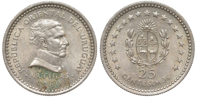 Уругвай 25 сентесимо 1960 KM 40 медно-никель 4580-129