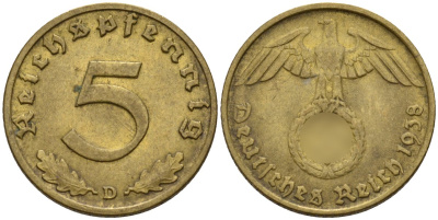 Германия 5 рейхспфеннигов 1938 D KM 91, J. 363 алюминиевая бронза 4151-839