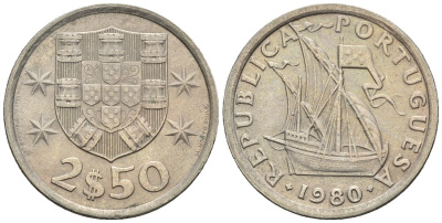 Португалия 2,5 эскудо 1980 парусник KM 590 медно-никель 4147-642