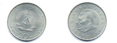 ГДР 20 марок 1972 А, Вильгельм Пик (1876-1960) KM 42 медно-никель 3333-335