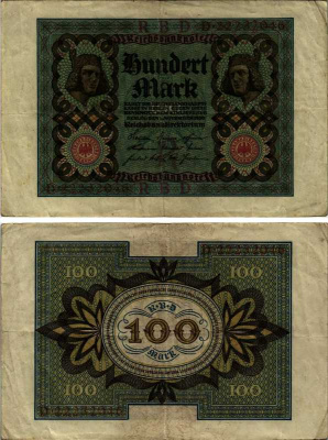 Германия 100 марок 1920 Бамбергский всадник, 8 цифр в номере Pick 69 b, Розенберг 69b бумага 7487-16-1