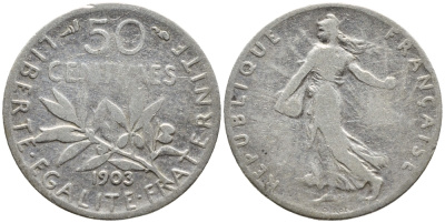 ФРАНЦИЯ 50 САНТИМОВ 1903 KM 854 серебро 4178-313