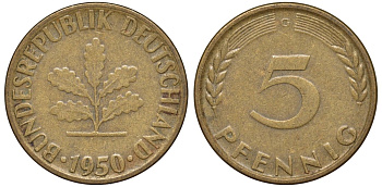 ФРГ 5 пфеннигов 1950 G KM 107, J.382 сталь плакированная латунью 4174-515