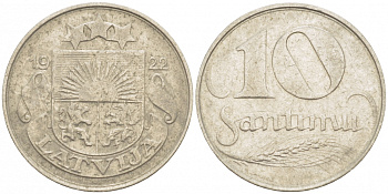 Латвия 10 сантимов 1922 первая Республика (1918-1939) KM 4 никель 3718-246