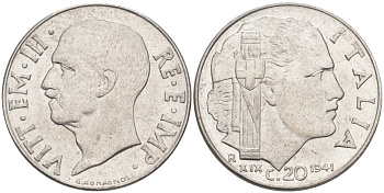 ИТАЛИЯ 20 ЧЕНТЕЗИМО 1941 R, ГОД XIX, ВИКТОР ЭММАНУИЛ III (1900-1946) KM 75b, VEM3. 1028 нержавеющая сталь 3853-556