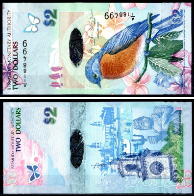 Бермудские острова (Бермуды) 2 доллара 2009 Синяя птица (Sialia sialis), Часовая башня на верфи (Гамильтон), Нептун Pick 57 b бумага UNC (пресс) 7548-70-3-2