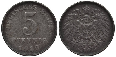 ГЕРМАНИЯ 5 ПФЕННИГОВ 1922 D KM 19, Jager 297, Weege 5 железо 4547-635