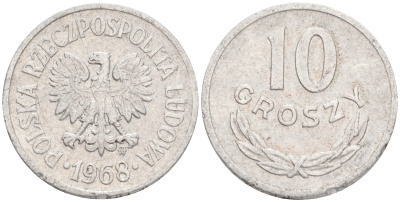 ПОЛЬША 10 ГРОШЕЙ 1968 MW KM АА47 алюминий VF 192-217