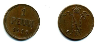 РОССИЯ ДЛЯ ФИНЛЯНДИИ 1 ПЕННИ 1916 НИКОЛАЙ II (1895-1917) KM 13, Биткин 476 медь 57-1131
