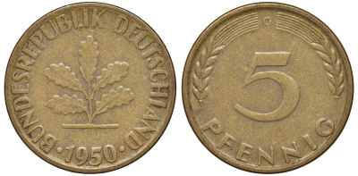 ФРГ 5 пфеннигов 1950 G KM 107, J.382 сталь плакированная латунью 4174-515