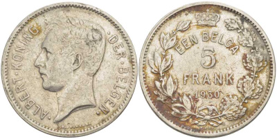 БЕЛЬГИЯ 5 ФРАНКОВ 1930 АЛЬБЕРТ I, DER BELGEN KM 98 никель 3851-325