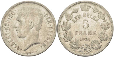 БЕЛЬГИЯ 5 ФРАНКОВ 1931 АЛЬБЕРТ I, DER BELGEN KM 98 никель 3851-335