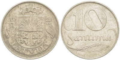 Латвия 10 сантимов 1922 первая Республика (1918-1939) KM 4 никель 3718-246