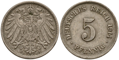 Германия 5 пфеннигов 1914 F KM 11, J. 12 медно-никель 4189-829