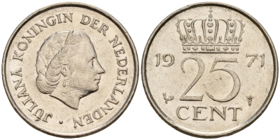 Нидерланды 25 центов 1971 Юлиана (1949-1980) KM 183 никель    4598-459
