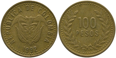 Колумбия 100 песо 1992 KM 285.1, Restrepo 445.1 латунь 4538-1233