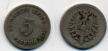 ГЕРМАНИЯ 5 ПФЕННИГОВ 1875 A, СТАРОГЕРБОВКА KM 3, J.3 медно-никель 41-842