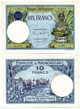 Мадагаскар 10 франков ND (1937-1947) женщина, пахота на буйволах Pick 36 (3) бумага аUNC 000-00-00