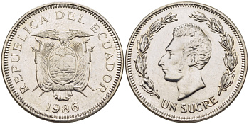 ЭКВАДОР 1 СУКРЕ 1986 АНТОНИО ХОСЕ де СУКРЕ KM 85.2 сталь плакированная никелем UNC 31-417