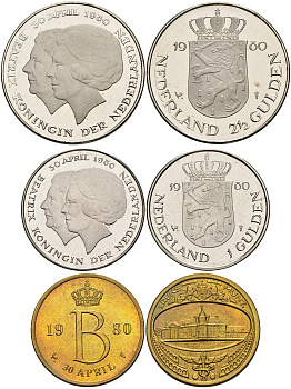 Нидерланды набор из 2 монет = жетон монетный двора 1980 официальный коронационный жетон жетон, коробка, сертификат KM PSK27 (KM200-2001) никель UNC 4-4-1-11