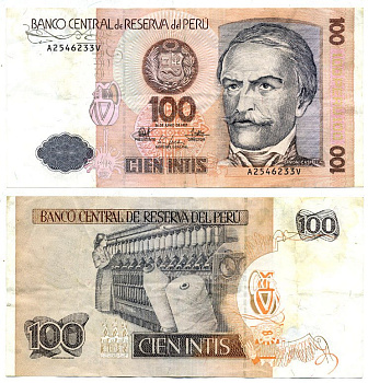 Перу 100 инти 1987 Рамон Кастилья, прядильная машина Pick 133 бумага 7146-27-1-1