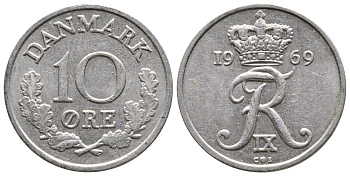 Дания 10 эре 1969 C,S, Фредерик IX (1947-1972) KM 849.1 медно-никель 26-926