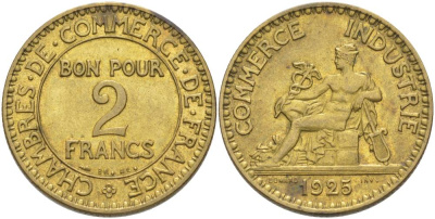 ФРАНЦИЯ 2 ФРАНКА 1925 ТИП CHAMBRES DE COMMERCE KM 877, LE FRANC 267.7 алюминиевая бронза 69-1231