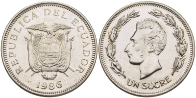 ЭКВАДОР 1 СУКРЕ 1986 АНТОНИО ХОСЕ де СУКРЕ KM 85.2 сталь плакированная никелем UNC 31-417
