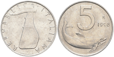 Италия 5 лир 1998 R, дельфин KM 92 алюминий  UNC  4594-816