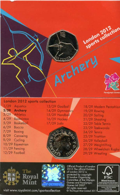 Великобритания 50 пенсов 2011 XXX летние Олимпийские игры в Лондоне в 2012 году, стрельба из лука, в оригинальном картонном буклете, с Олимпийской голограммой (2/29) KM 1167 медно-никель  UNC  3-6-6-03