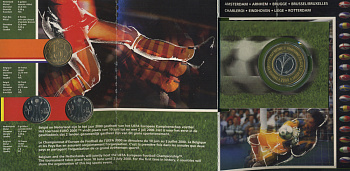 Бельгия набор из 3 монет + жетон 2000 Belgie-Belgique + 5 гульденов Нидерланды 2000 год, чемпионат мира по футболу, FIFA, в оригинальном картонном буклете KM PS 7 PROOF 6-6-2-22