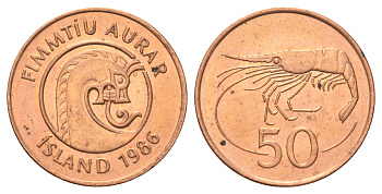 Исландия 50 эйре 1986 год-тип KM 26a сталь плакированная бронзой UNC 4668-931