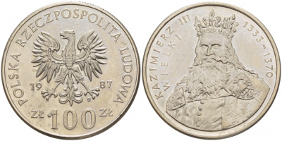 ПОЛЬША 100 ЗЛОТЫХ 1987 MW, КАЗИМИР III ВЕЛИКИЙ (1333-1370) KM 167 медно-никель UNC 3996-112