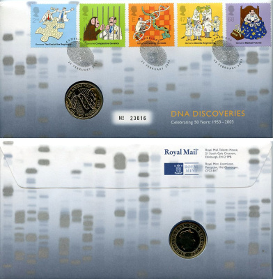 Великобритания 2 фунта 2003 50 лет открытия структуры ДНК, в оригинальном конверте, с марками, первый день гашения KM 1037, Spink K16 биметалл BU 4-3-8-62
