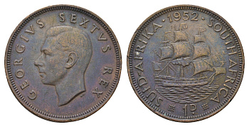ЮАР 1 пенни 1952 Георг VI (1936-1952) KM 34.2 бронза 4531-213