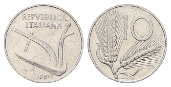 Италия 10 лир 1981 R, колосья, плуг KM 93 алюминий 186-933