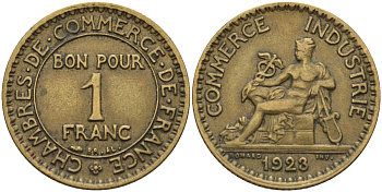 Франция 1 франк 1923 KM 876, Le Franc 218.5 алюминиевая бронза 4142-651