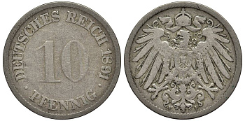 ГЕРМАНИЯ 10 ПФЕННИГОВ 1891 F KM 12, Jager 13, Weege 8 медно-никель 4513-743