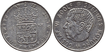 Швеция 1 крона 1973 Густав VI Адольф (1950-1973) KM 826а медь плакированная медно-никелем 4395-516