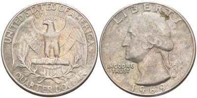 США 25 центов (квотер) 1969 Вашингтон KM 164a медь плакированная медно-никелем 80-557