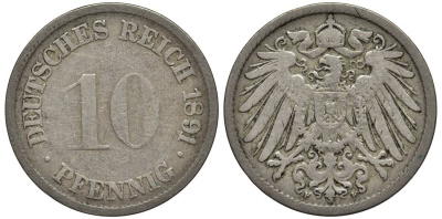 ГЕРМАНИЯ 10 ПФЕННИГОВ 1891 F KM 12, Jager 13, Weege 8 медно-никель 4513-743
