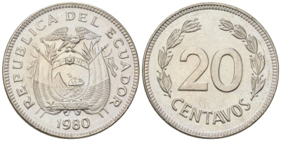 Эквадор 20 сентаво 1980 KM 77.2a сталь плакированная никелем aUNC 4611-718