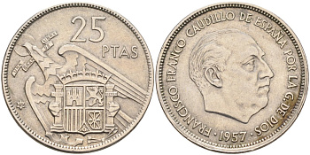 Испания 25 песет 1957(65) Франциско Франко (1939-1975) KM 787 медно-никель 4583-1034