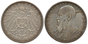 Саксен-Майнинген 2 марки 1902 D, Георг II, герцог Саксен-Мейнингена (1866-1914) Weege 147b, J. 151b, KM 199 серебро 00-812-60