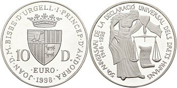 Андорра 10 динеров 1998 50 лет подписанию декларации по правам человека KM 143 серебро PROOF 11-203-23